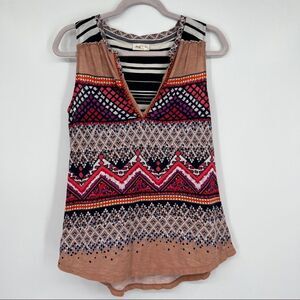 Anthropologie Meadow Rue V Neck Print Peplum Pom Pom Striped Sleeveless Tank Top